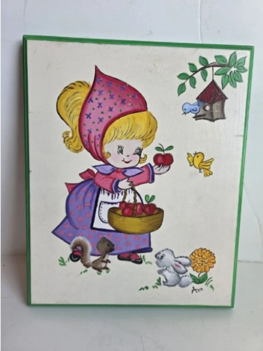 Vntg Art Cartoon Girl Bunny & Birds Tabby Cute Girls Room Nursery Acrylic Wood